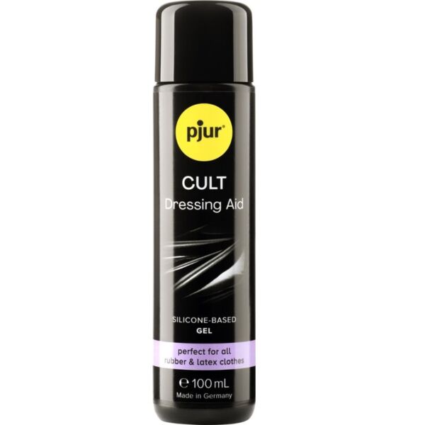 Flacon van 100 ml pjur Cult Dressing Aid, siliconengel om latexkleding aan te trekken