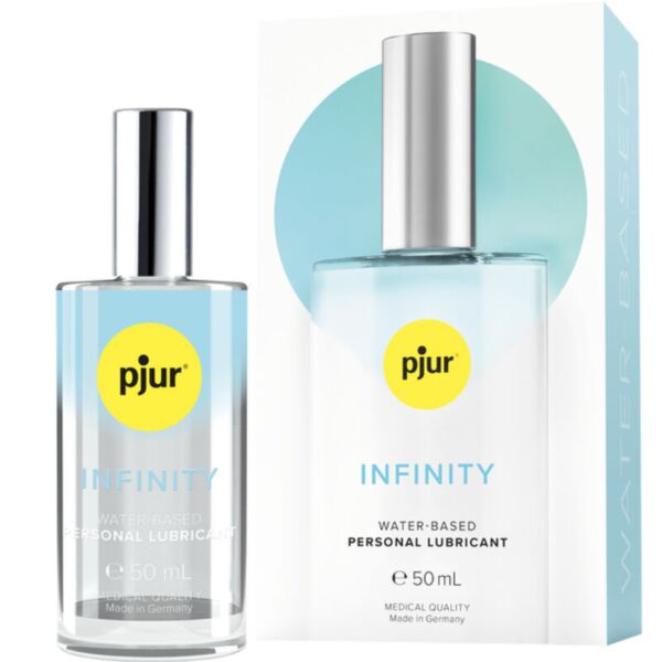 Glazen flacon van het glijmiddel pjur Infinity Water-Based van 50 ml, met bijbehorende doos