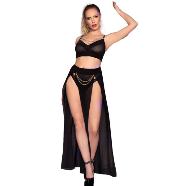 Zwarte lingerieset Chilirose CR 4672, met top, rokje en string met gouden kettingen