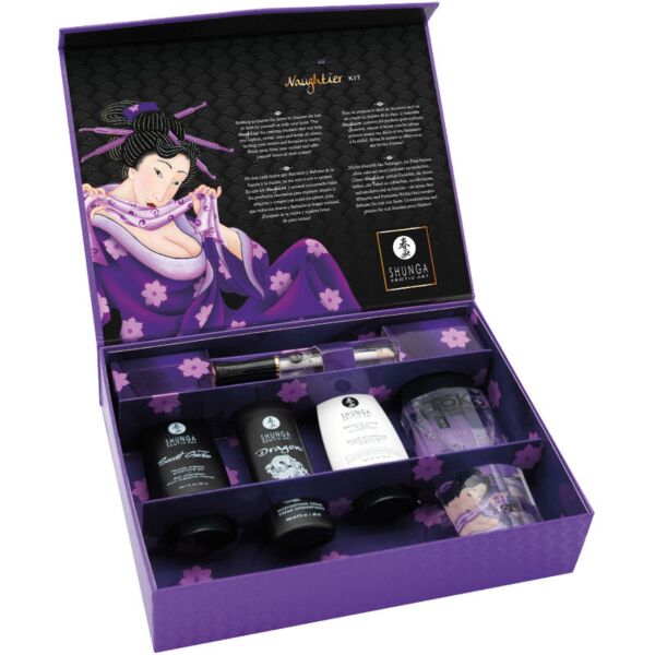Shunga Naughtier Kit met de vijf intieme cosmeticaproducten en de cadeaudoos