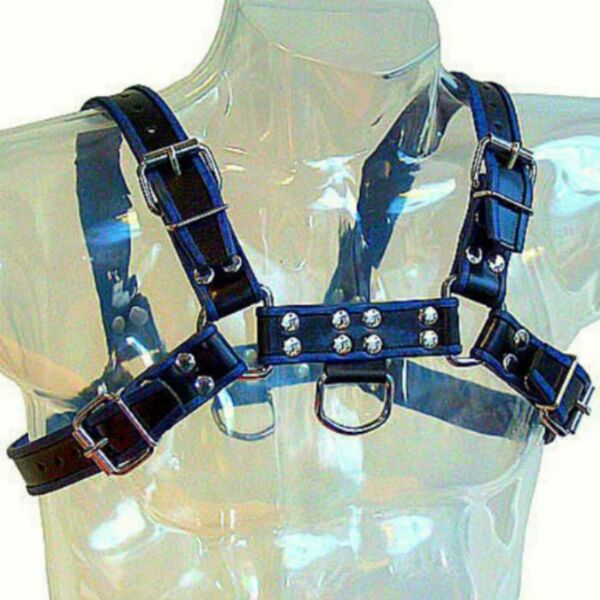 Harnas voor heren Leather Body Chest Bulldog in blauw en zwart, met bandjes en metalen kettingen