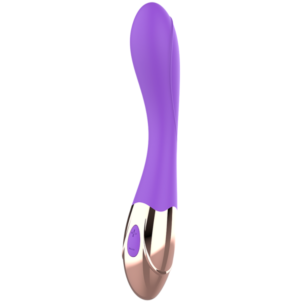 G-spot vibrator Womanvibe Sunny met gebogen vorm en reliëf, in goudkleur en lila