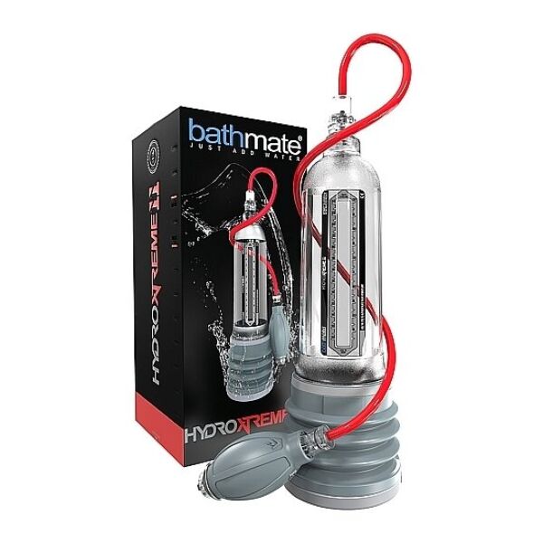 Bathmate Hydroxtreme 11 waterpenispomp, transparant met grijze en rode details, met handpompje