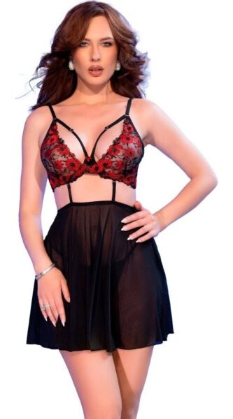 Babydoll Chilirose CR 4869 met geborduurde beha, tulen rokje en string