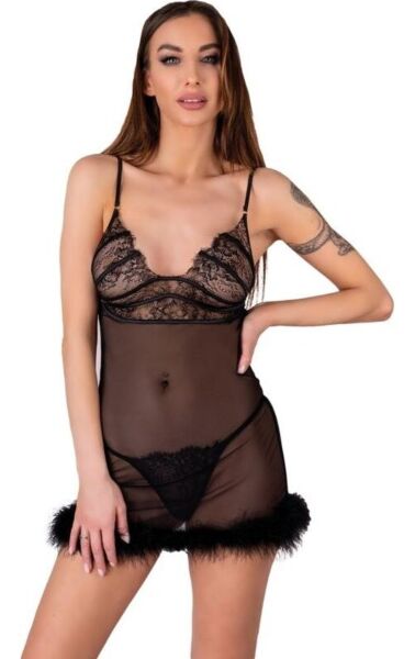 Livco Corsetti Zerunam babydoll in zwart, met meshhemdje met dunne bandjes en bijpassende string