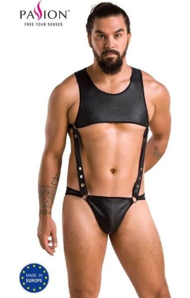 Herenbody Passion Body Adam van zwart kunstleer, met slip en crop top verbonden door bandjes