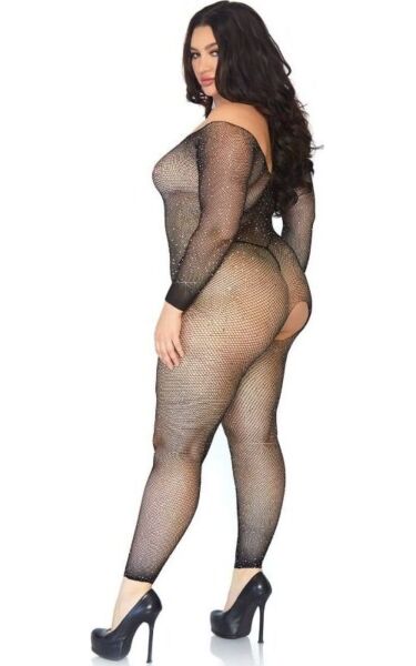 Zwarte netbodystocking Leg Avenue Plus Seamless Fishnet, met lange mouwen en strass
