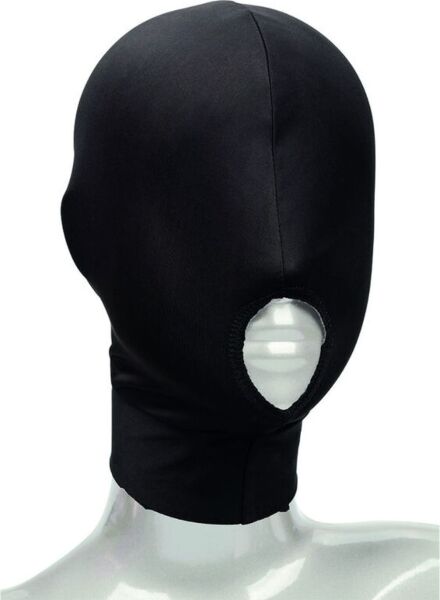 Zwart masker CalExotics Boundless Hood met open mond