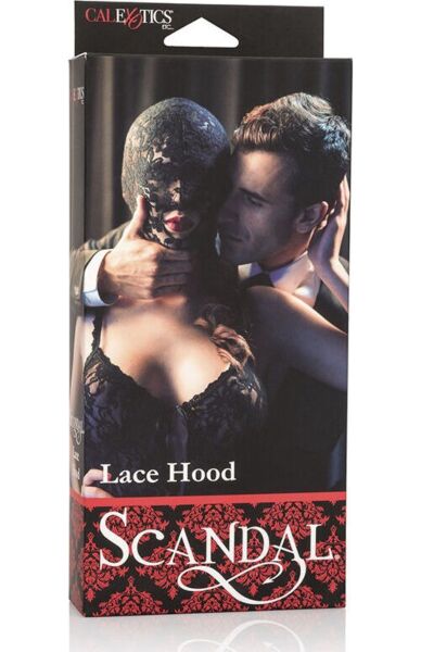 Zwart kanten masker Scandal Lace Hood van CalExotics, met open mond