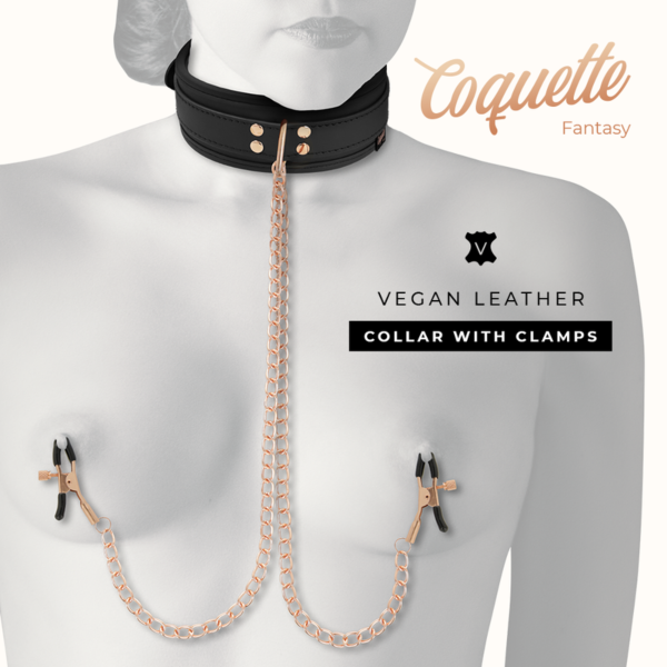 Halsband met tepelklemmen Coquette Chic Desire, met de twee tepelklemmen aan kettinkjes en de leiband