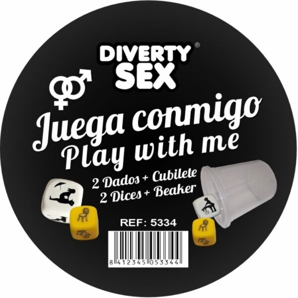 Erotisch dobbelspel Diablo Picante Juega conmigo, met twee dobbelstenen en transparante beker