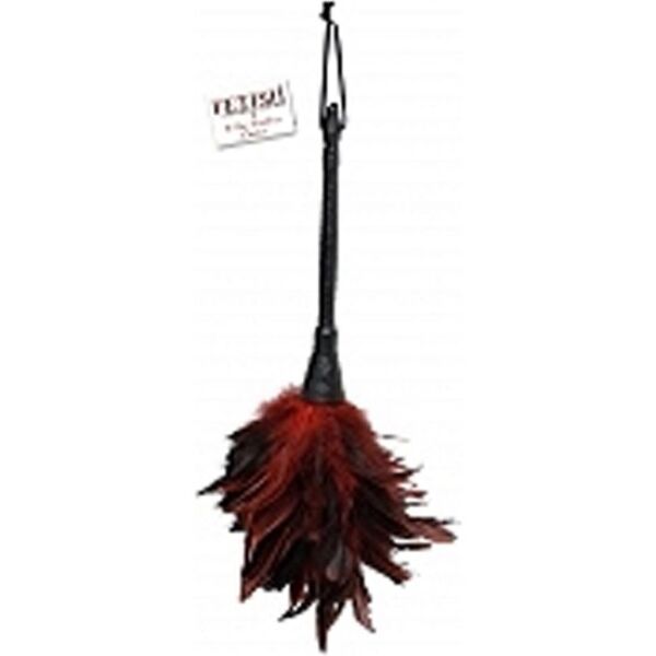 Erotische Fetish Fantasy Series Frisky Feather-plumeau met zwarte en rode veren en een handgreep