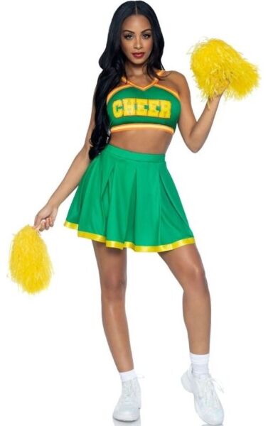 Cheerleaderkostuum Leg Avenue Bring It Baddie in groen, met kort topje, plissérokje en gele pompons