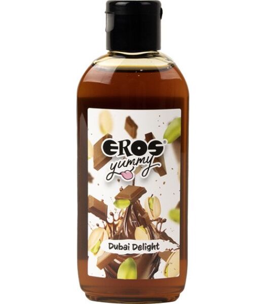 Flacon van 100 ml van het glijmiddel Eros Yummy Dubai Delight, smaak chocolade en pistache