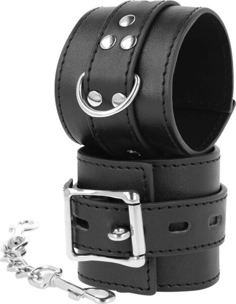 Handboeien Darkness Bondage van zwarte bandjes met gespen, verbonden door een ketting