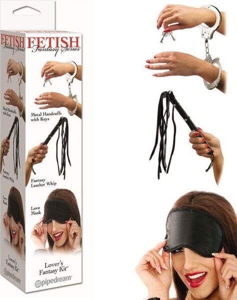 Pipedream Lover's Fantasy Kit met leren zweep, metalen boeien met sleutels en satijnen masker
