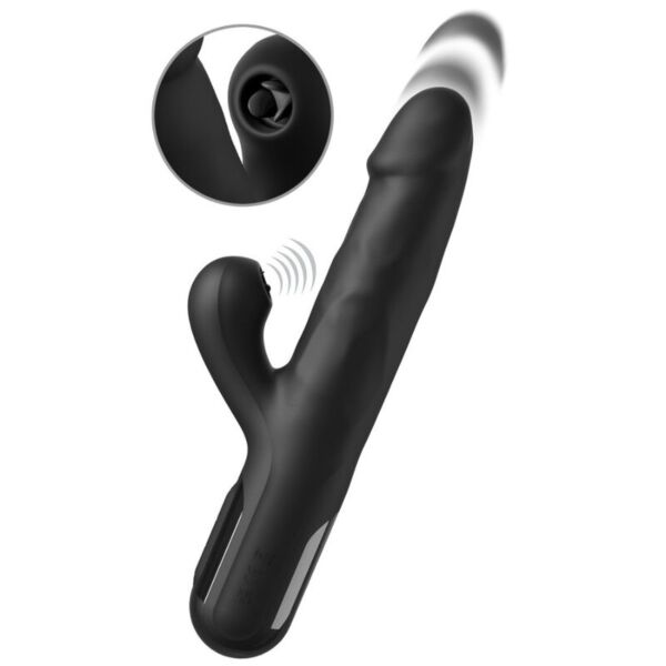 Zwarte Pipedream Sonix Silicone Thruster rabbit vibrator met getextureerde schacht en clitorisarm met lipjes