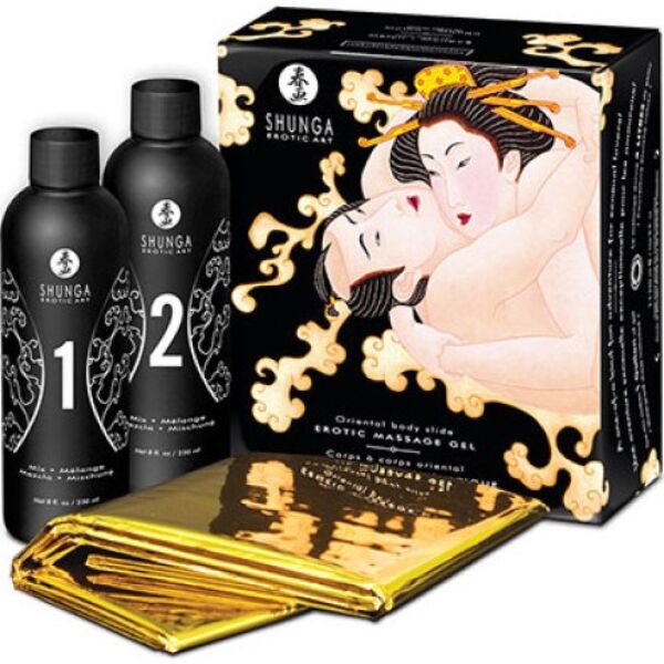 Body-to-body massagegel Shunga Oriental, set met gouden laken