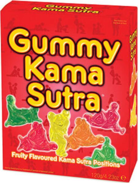 Verpakking Kamasutra-gummies Gummy Kama Sutra 120 g van Spencer & Fleetwood, in de vorm van Kamasutra-standjes