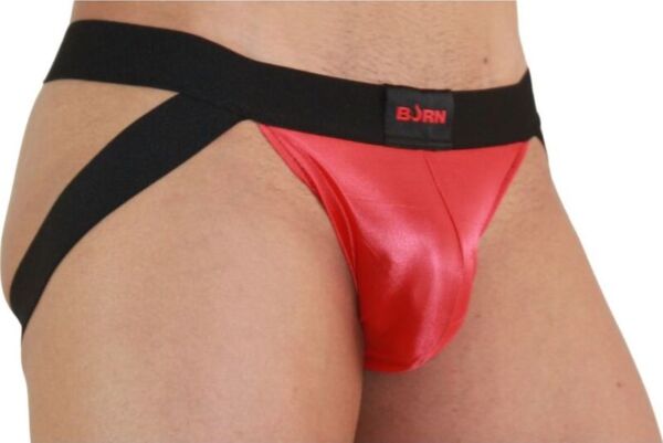 Jockstrap Burn 010 Jock rood en zwart, met transparante delen en glanzende details