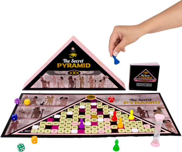 Erotisch bordspel Secret Play The Secret Pyramid, met speelbord, pionnen, dobbelstenen en zandloper