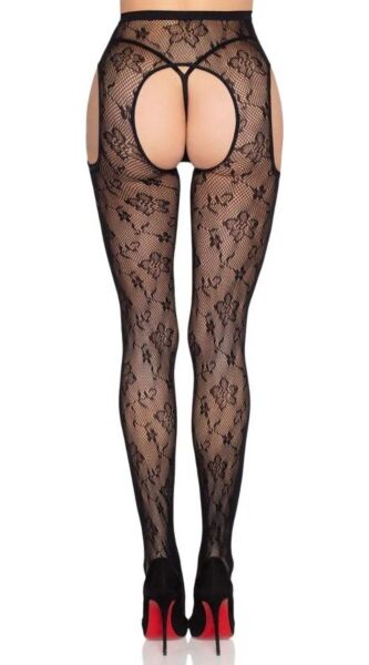 Panty Leg Avenue Esme 1967 van zwart net met bloemenmotief en jarretelle-effect