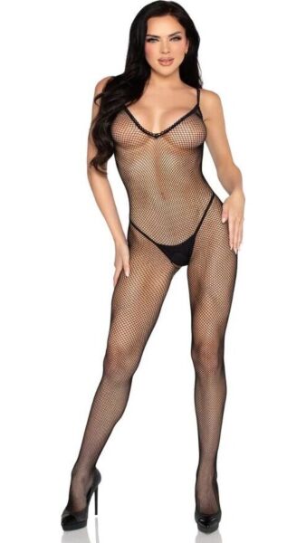 Bodystocking Leg Avenue 89375 van zwarte netstof met gehaakte details en een opening in het kruis