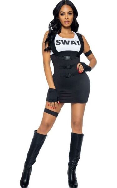 Politiekostuum Leg Avenue Sultry SWAT Officer in zwart, met jurk, handschoenen, armband en kousenband