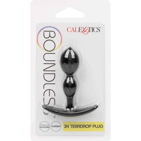 Zwarte CalExotics Boundless 2x Teardrop Plug buttplug in druppelvorm, met handvat aan de basis