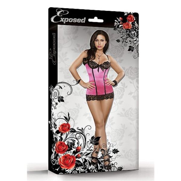Nachthemd Exposed Sequin Lace Chemise Roze S/M, roze minijurk met zwarte bh en roze strik