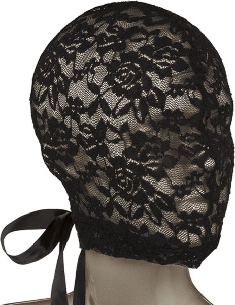 Zwart BDSM-masker van kant, CalExotics Scandal Corset Lace Hood, met veters in corsetstijl