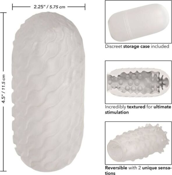 Witte CalExotics Boundless Reversible Nubby Stroker masturbator naast zijn case