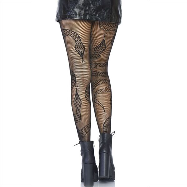 Zwarte netpanty Leg Avenue Snake Net Tights, met kanten slangen op het net