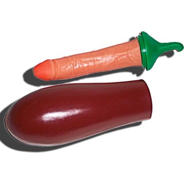 Plastic aubergine Diablo Picante Penis Eggplant met een penis als verrassing