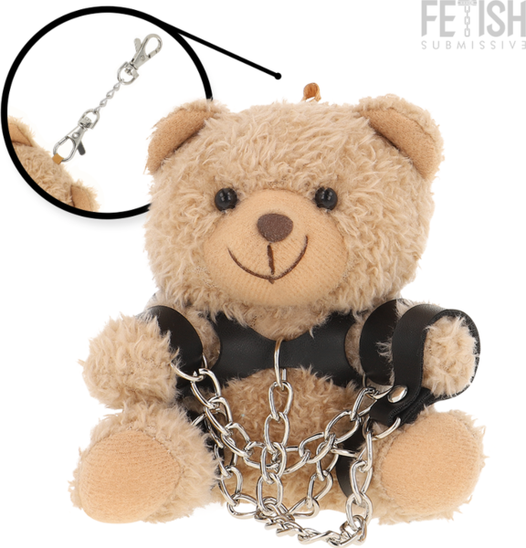 Fetish Submissive Yogi teddybeer met zijn handboeien met ketting