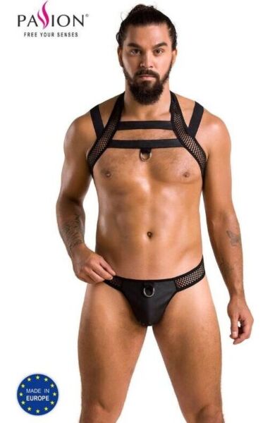 Herenlingerie Passion 043 Set Jacob, jockstrap en schouderharnas van kunstleer en net met metalen ringen