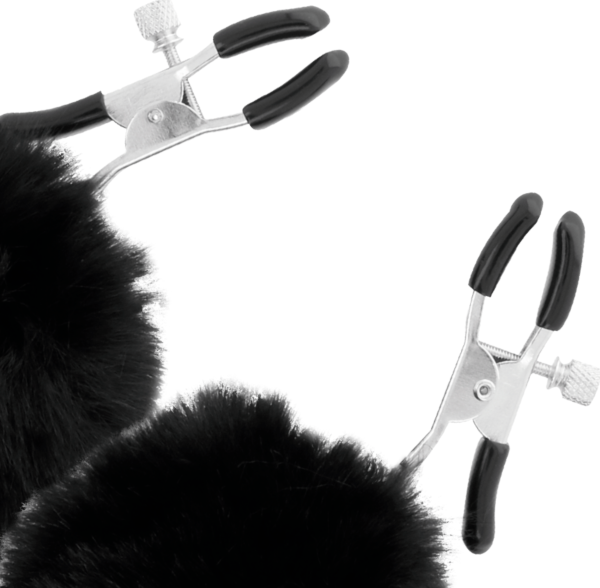 Tepelklemmen Darkness Nipple Clamps with Pom Poms, met kussentjes en twee pompons