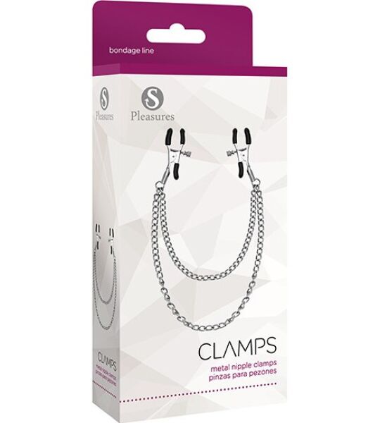 Zilverkleurige tepelklemmen S Pleasures Metal Nipple Clamps, verbonden door een ketting