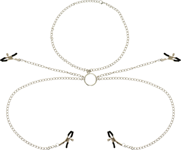 Tepelklemmen Ohmama Fetish met halsband, met vier klemmen en kettingen die samenkomen in een ring