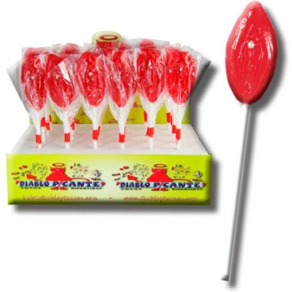Lolly Lippen Diablo Picante, een gummy lolly in lippenvorm met aardbeiensmaak