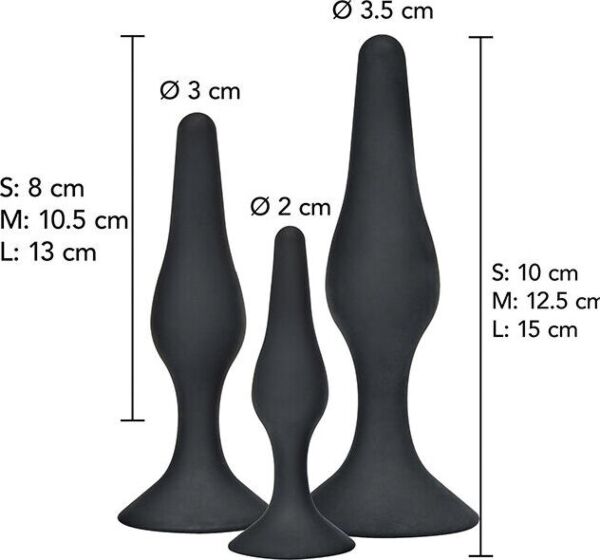 Drie ToyJoy Curvy Companions Kit anaalpluggen in verschillende maten, met een gebogen vorm en brede basis