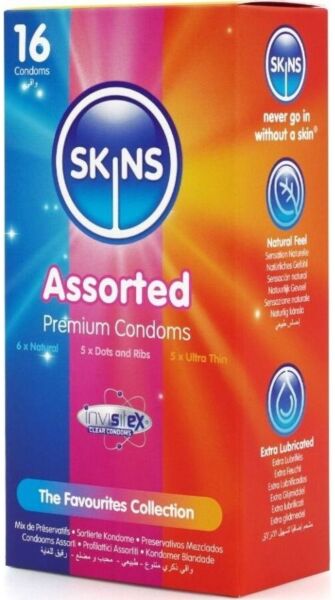 Doos Skins Assorted Pack condooms, 16 stuks, met vanillegeur