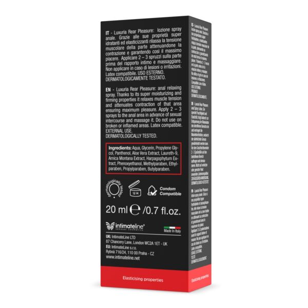 Anale ontspanningsspray Luxuria Rear Pleasure van Intimateline, flacon van 20 ml