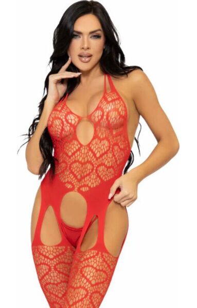 Bodystocking Leg Avenue Love Hangover van net met hartjes, met halter top en jarretels