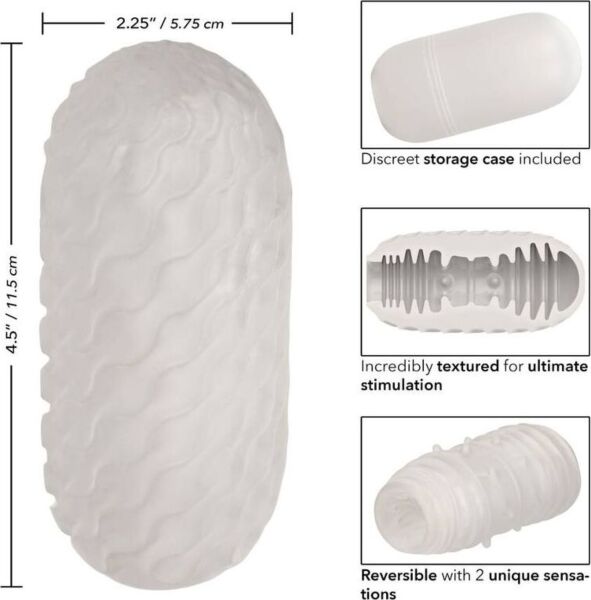 Witte masturbator CalExotics Boundless Reversible Ribbed Stroker naast zijn opbergcase