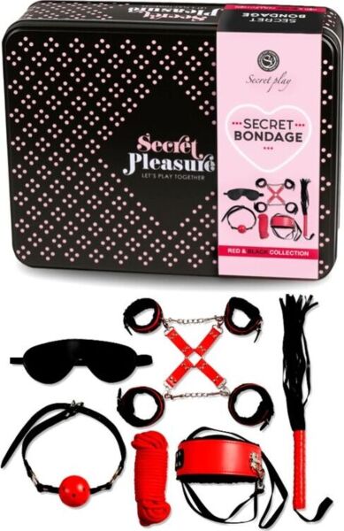 BDSM-set Secret Bondage Rood en Zwart van Secret Play, met de onderdelen van kunstleer en het touw