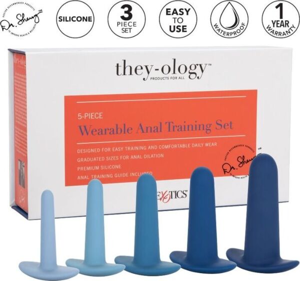 Set van 5 anale dilators CalExotics They-ology, met de vijf blauwe dilators op volgorde van grootte