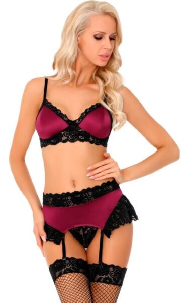 Lingerieset Livco Corsetti in bordeaux en zwart, met bh, jarretelgordel en string