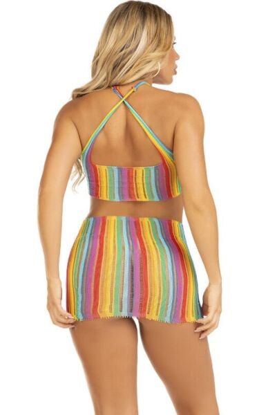 Leg Avenue Technicolor Dream minijurk met regenboogstrepen, halterhals en gekruiste bandjes