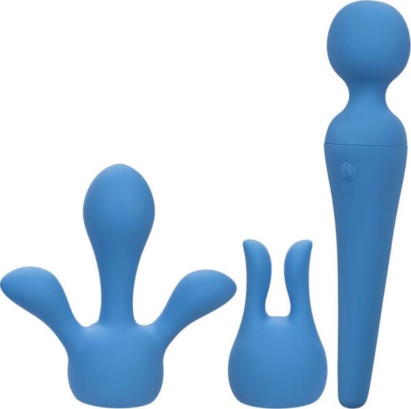 Wandvibrator Couture Collection Body Wand Kit van CalExotics, blauw, met de twee opzetstukken